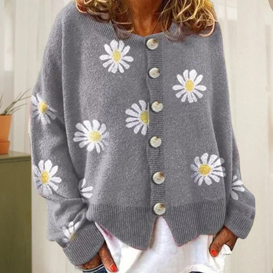 Daisy Floral Knit Cardigan – Button-Down Long Sleeve Sweater