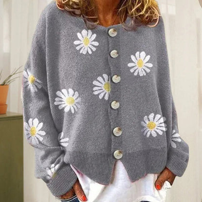 Daisy Floral Knit Cardigan – Button-Down Long Sleeve Sweater