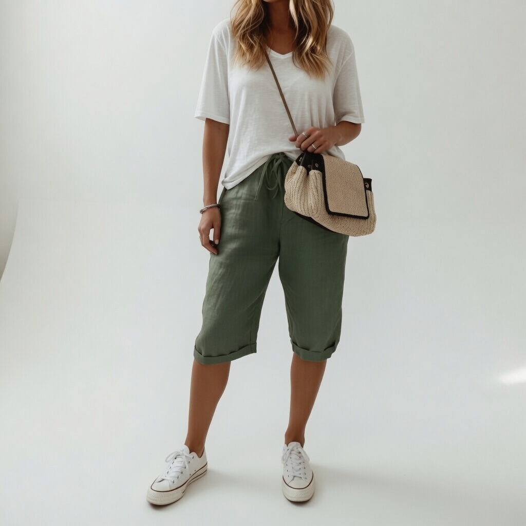 Cotton Linen Capri Pants – Wide Leg Drawstring Cuffed Summer