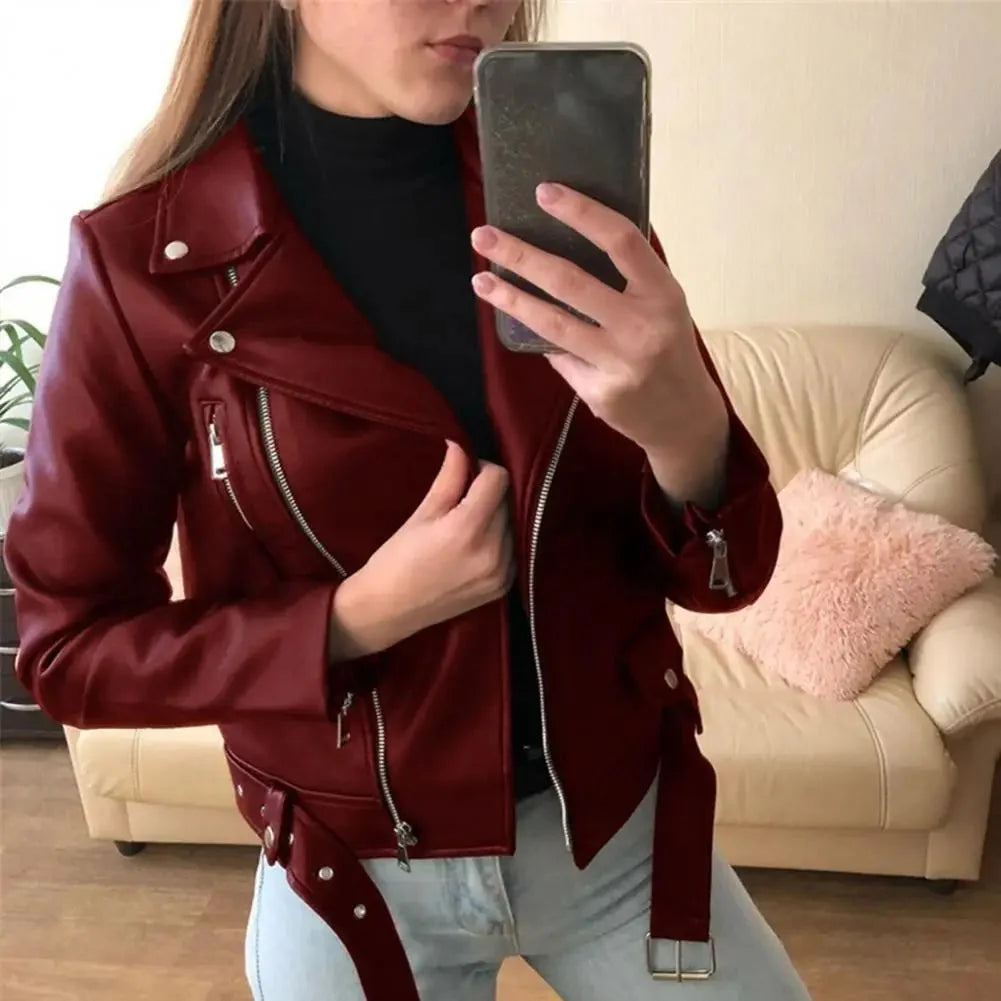 Faux Leather Moto Jacket – Belted Biker Jacket with Zipper Detail