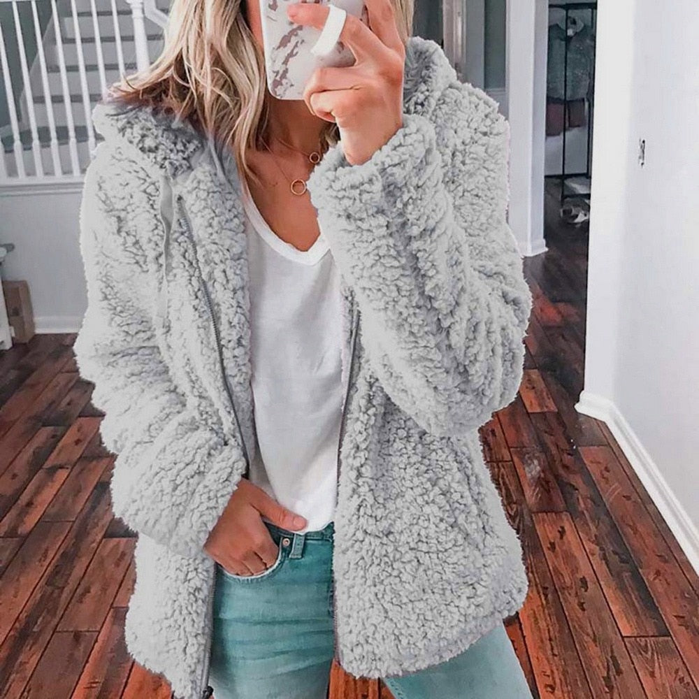 Teddy Fleece Hooded Jacket – Open Front Oversized Sherpa Coat