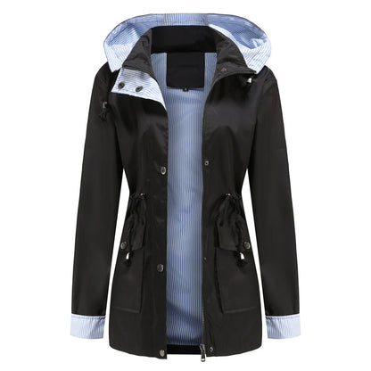 Longline Waterproof Rain Jacket – Hooded Drawstring Waist Windbreaker