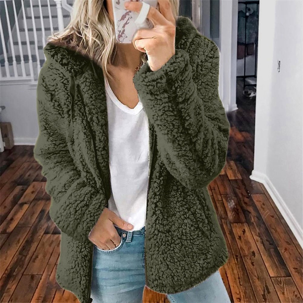 Teddy Fleece Hooded Jacket – Open Front Oversized Sherpa Coat