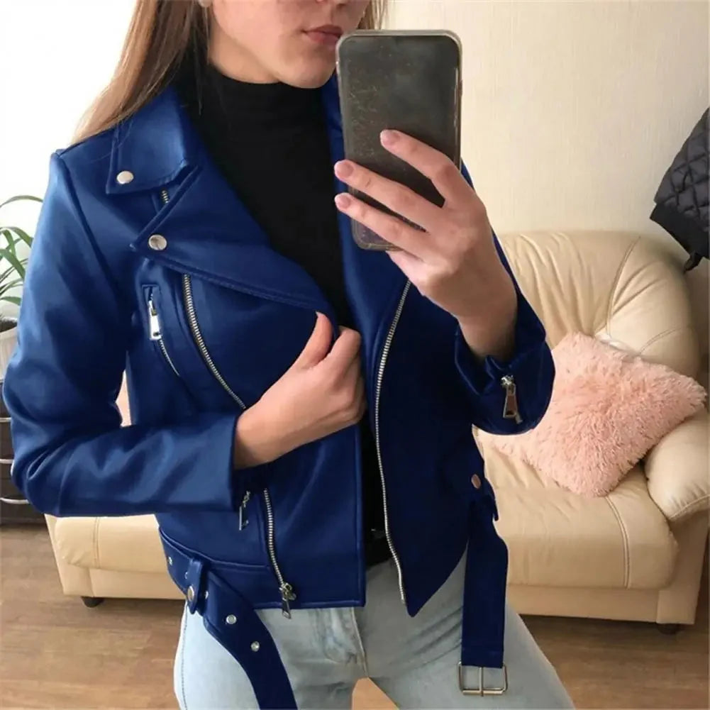 Faux Leather Moto Jacket – Belted Biker Jacket with Zipper Detail