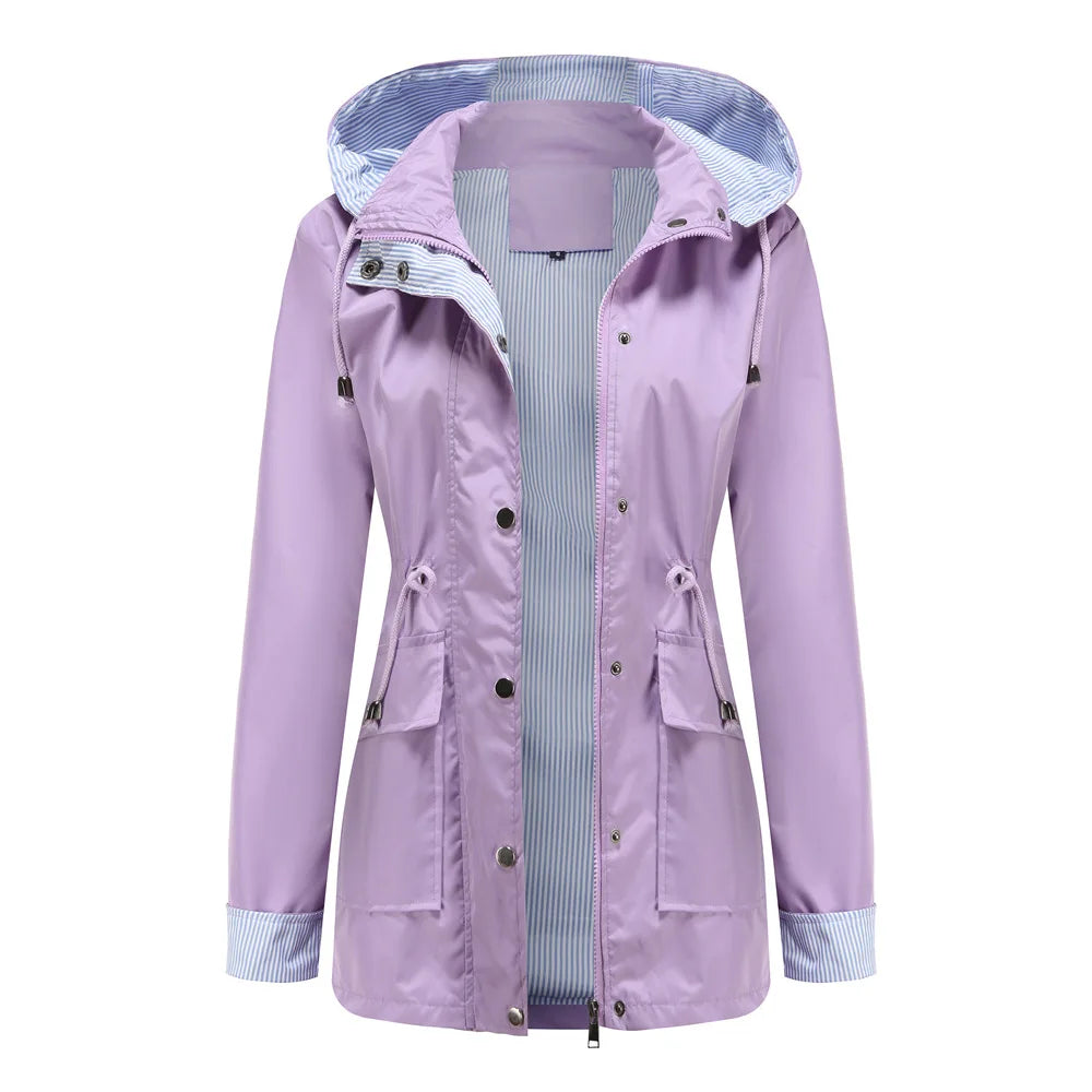 Longline Waterproof Rain Jacket – Hooded Drawstring Waist Windbreaker
