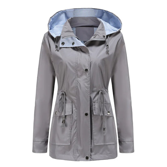 Longline Waterproof Rain Jacket – Hooded Drawstring Waist Windbreaker