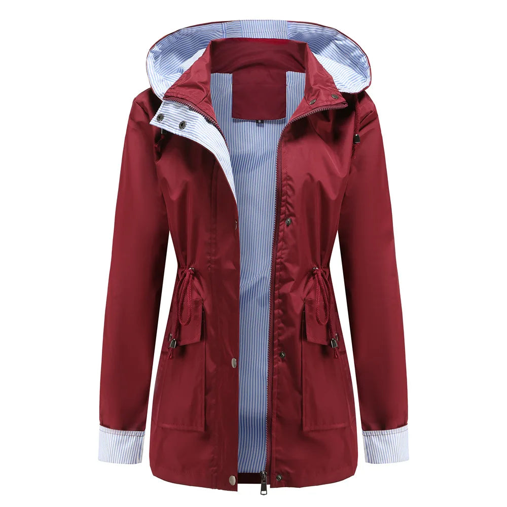 Longline Waterproof Rain Jacket – Hooded Drawstring Waist Windbreaker