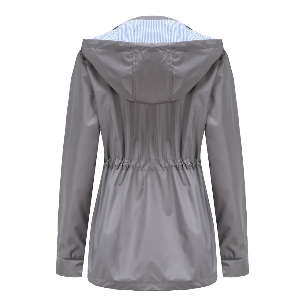 Longline Waterproof Rain Jacket – Hooded Drawstring Waist Windbreaker