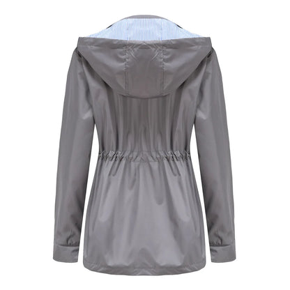 Longline Waterproof Rain Jacket – Hooded Drawstring Waist Windbreaker