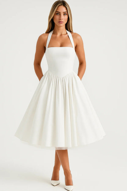 Halter Neck Midi Dress – A-Line Full Skirt Corset Back