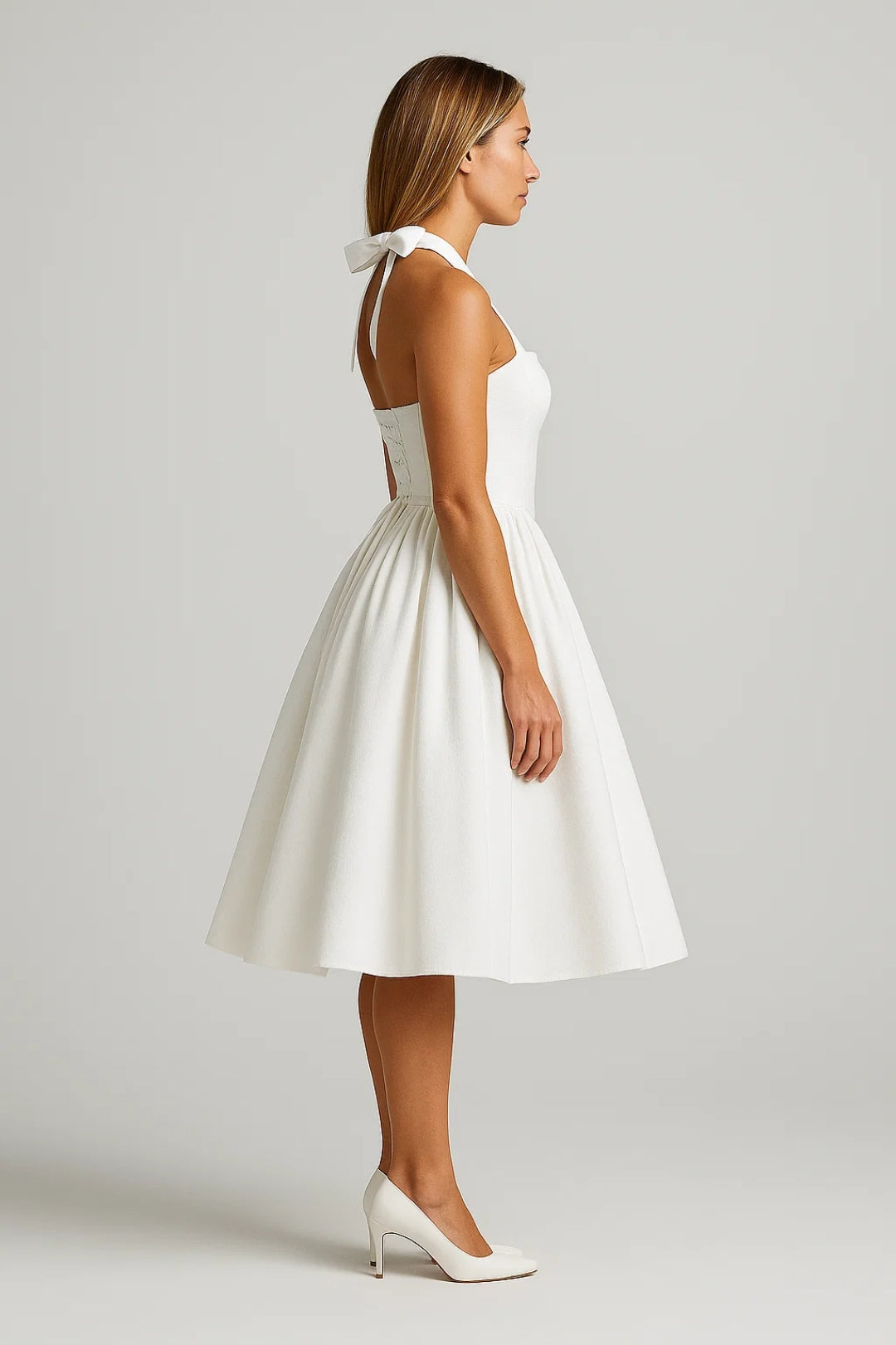 Halter Neck Midi Dress – A-Line Full Skirt Corset Back
