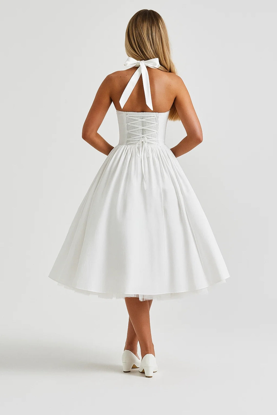 Halter Neck Midi Dress – A-Line Full Skirt Corset Back