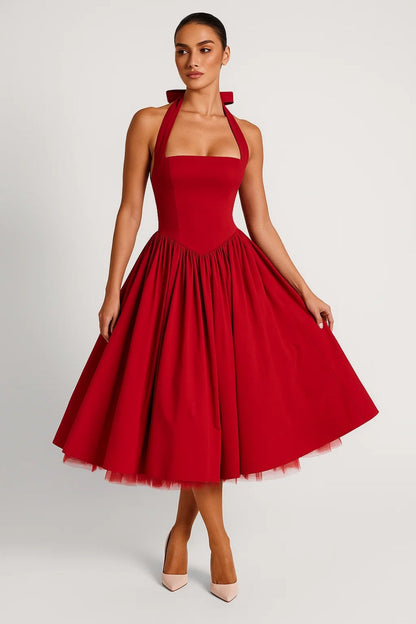Halter Neck Midi Dress – A-Line Full Skirt Corset Back