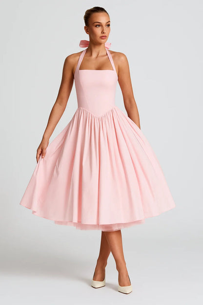 Halter Neck Midi Dress – A-Line Full Skirt Corset Back