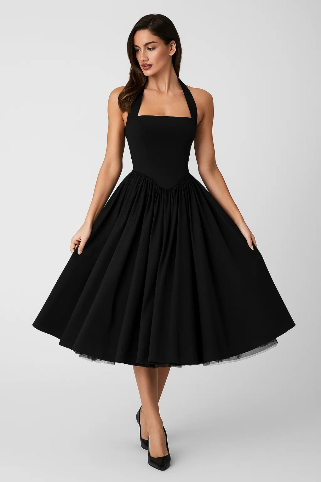 Halter Neck Midi Dress – A-Line Full Skirt Corset Back