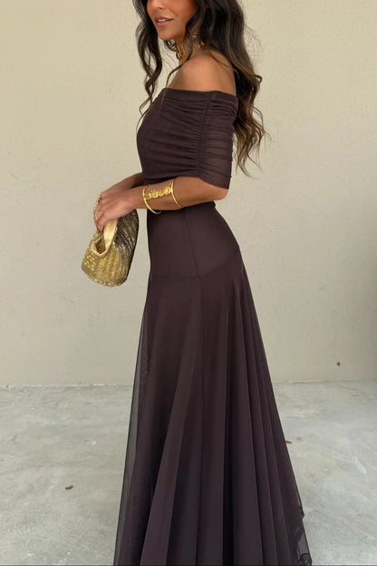Women's One-Shoulder Mesh Maxi Summer Dress in Brown