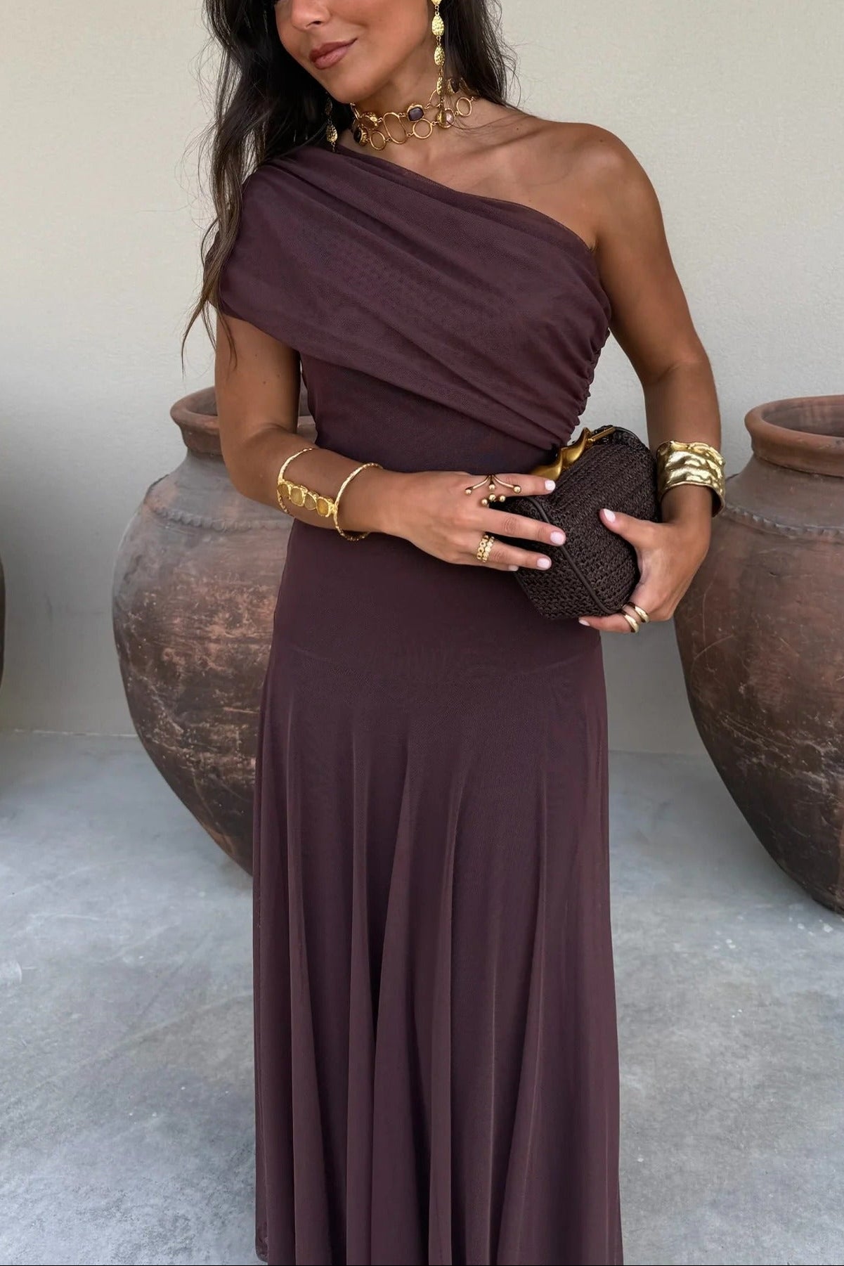 Women's One-Shoulder Mesh Maxi Summer Dress in Brown