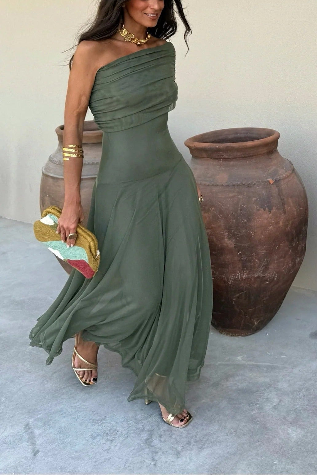 Women's One-Shoulder Mesh Maxi Summer Dress in Green
