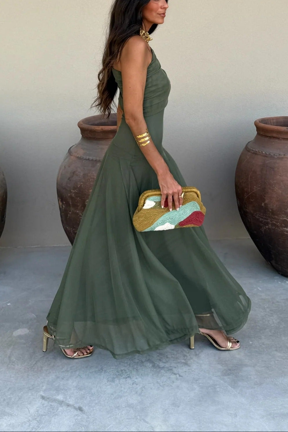Women's One-Shoulder Mesh Maxi Summer Dress in Green