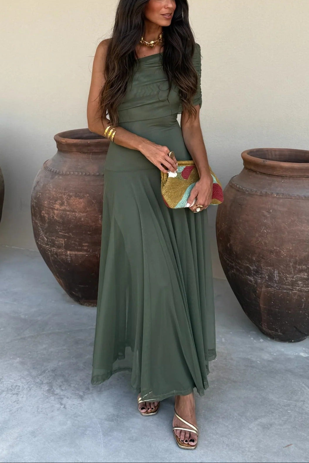Women's One-Shoulder Mesh Maxi Summer Dress in Green