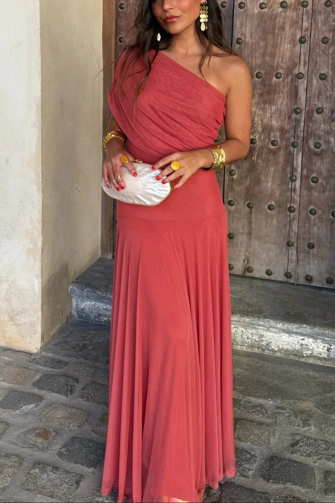 Women's One-Shoulder Mesh Maxi Summer Dress in Red