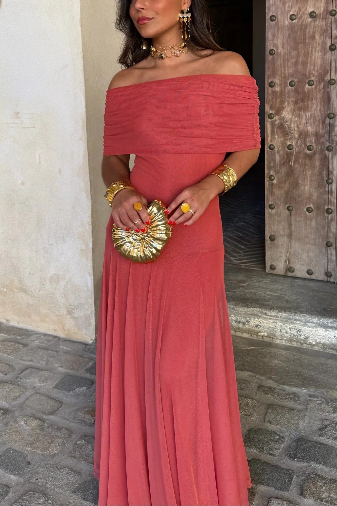 Women's One-Shoulder Mesh Maxi Summer Dress in Red