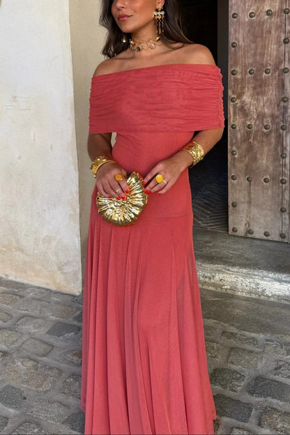 Women's One-Shoulder Mesh Maxi Summer Dress in Red