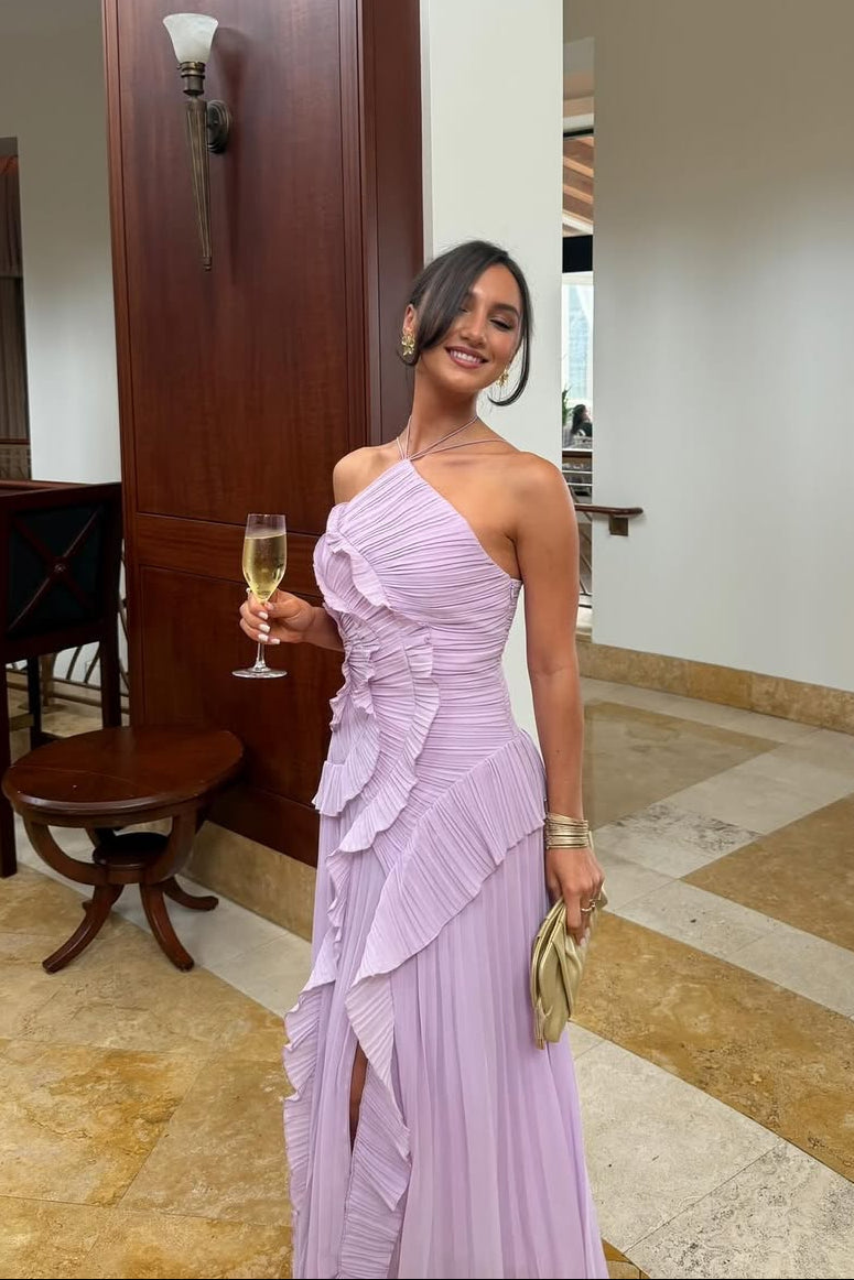 Women's Ruffle Pleated Sleeveless Maxi Dress in Lilac