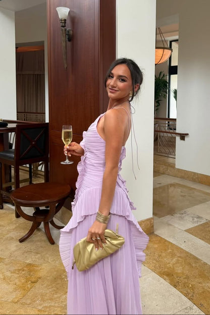 Women's Ruffle Pleated Sleeveless Maxi Dress in Lilac