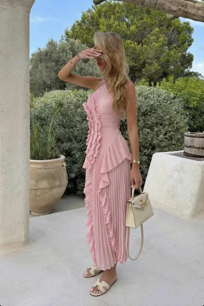 Women's Ruffle Pleated Sleeveless Maxi Dress in Pink