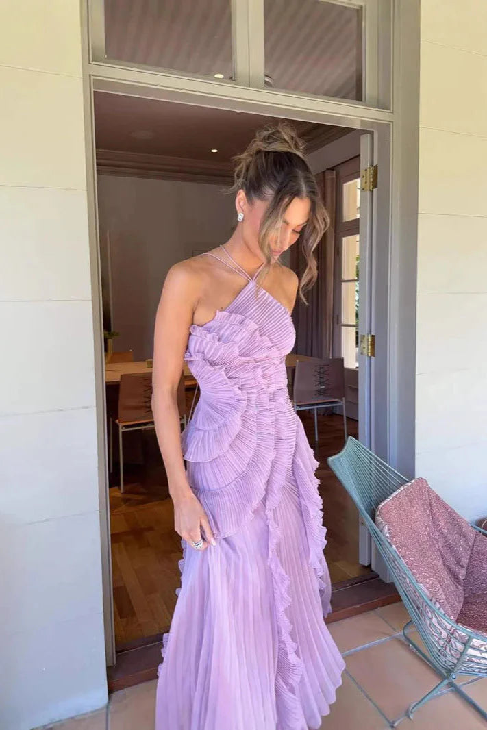 Women's Ruffle Pleated Sleeveless Maxi Dress in Lilac