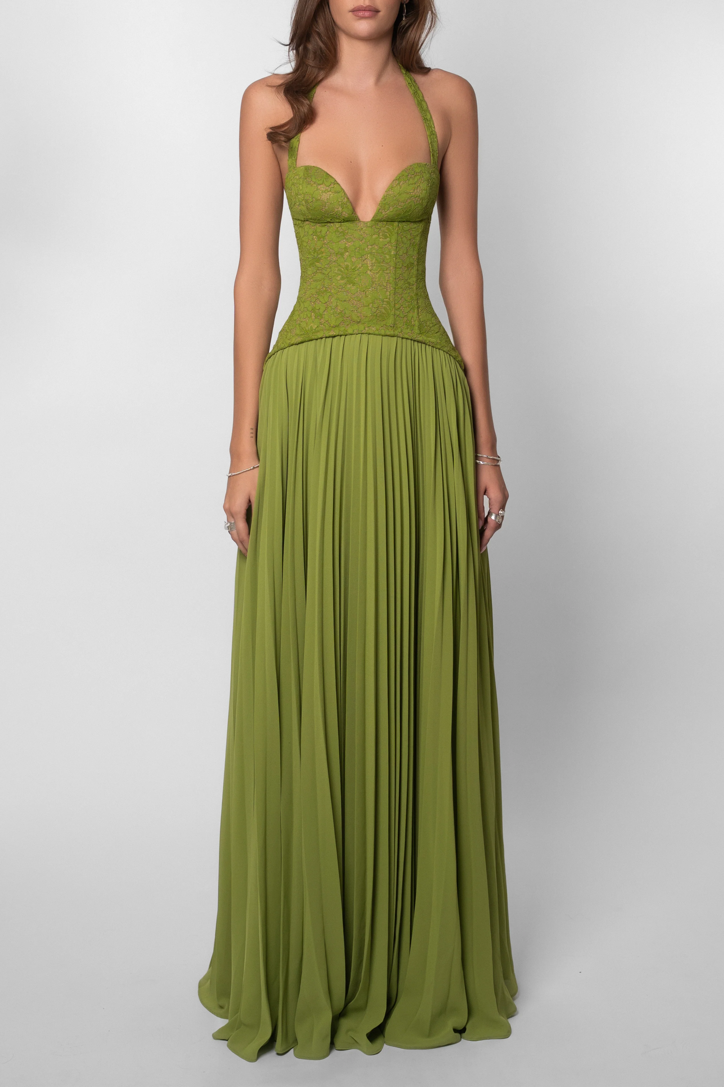 Women's Lace Corset Halterneck Pleated Maxi Dress in Green
