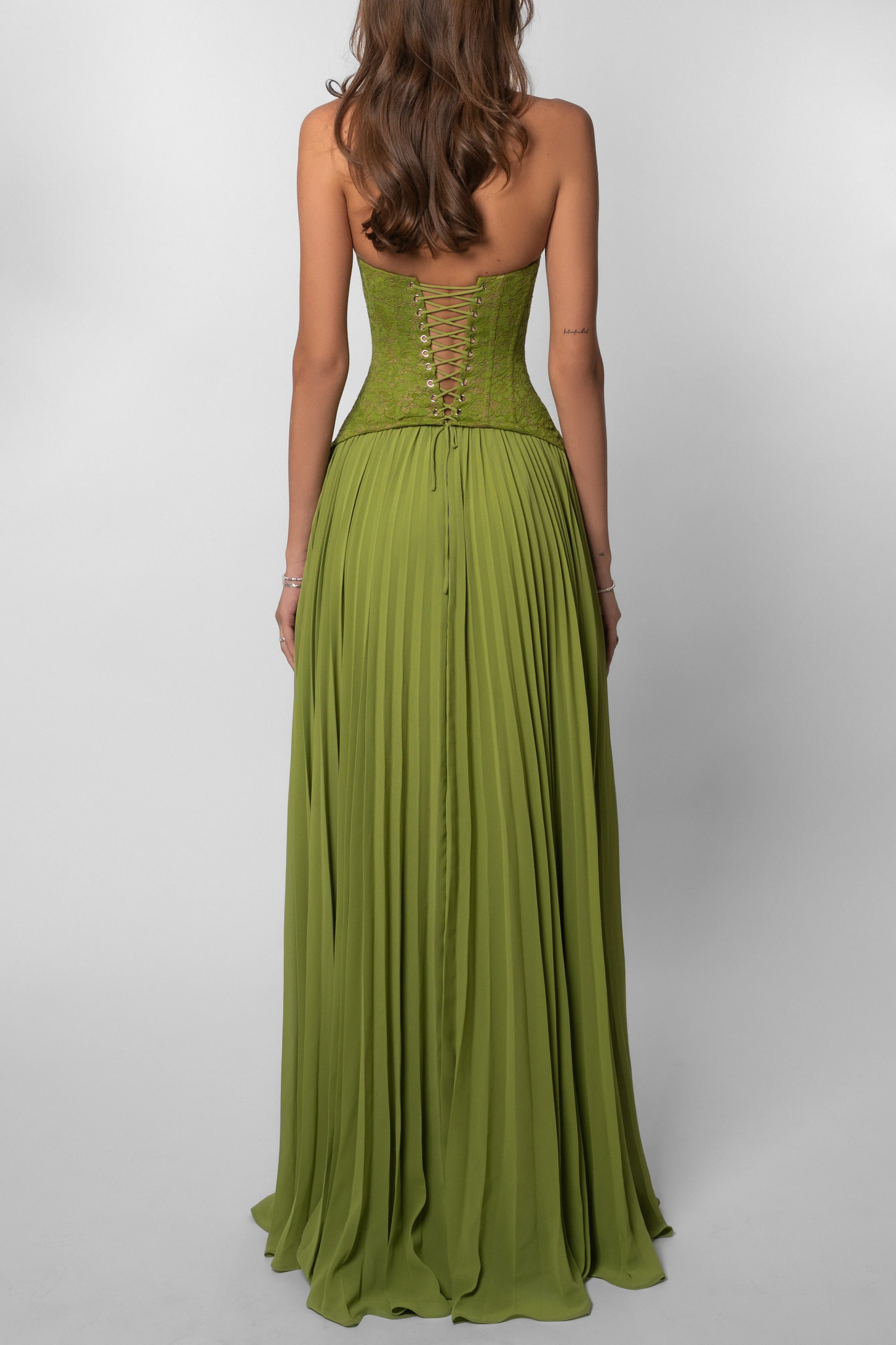 Women's Lace Corset Halterneck Pleated Maxi Dress in Green