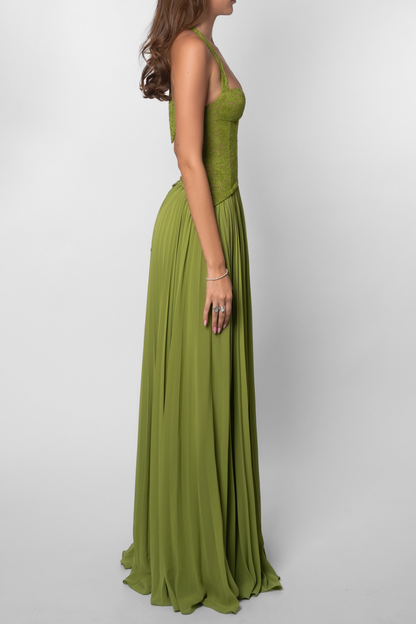 Women's Lace Corset Halterneck Pleated Maxi Dress in Green