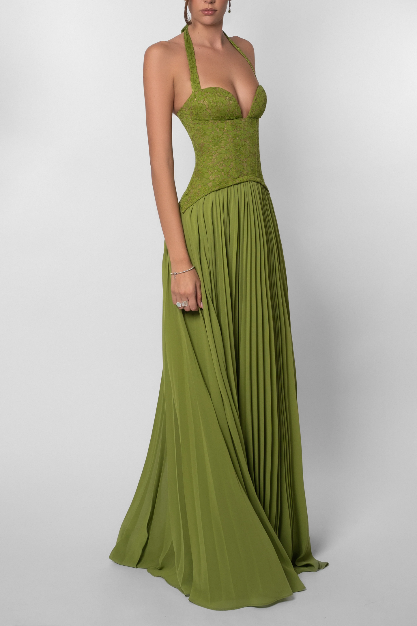 Women's Lace Corset Halterneck Pleated Maxi Dress in Green