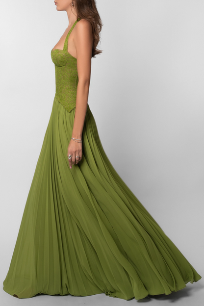 Women's Lace Corset Halterneck Pleated Maxi Dress in Green