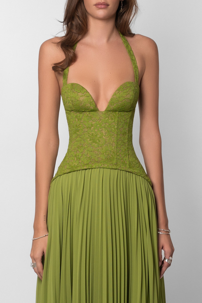 Women's Lace Corset Halterneck Pleated Maxi Dress in Green