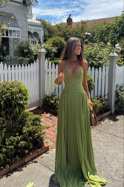 Women's Lace Corset Halterneck Pleated Maxi Dress in Green