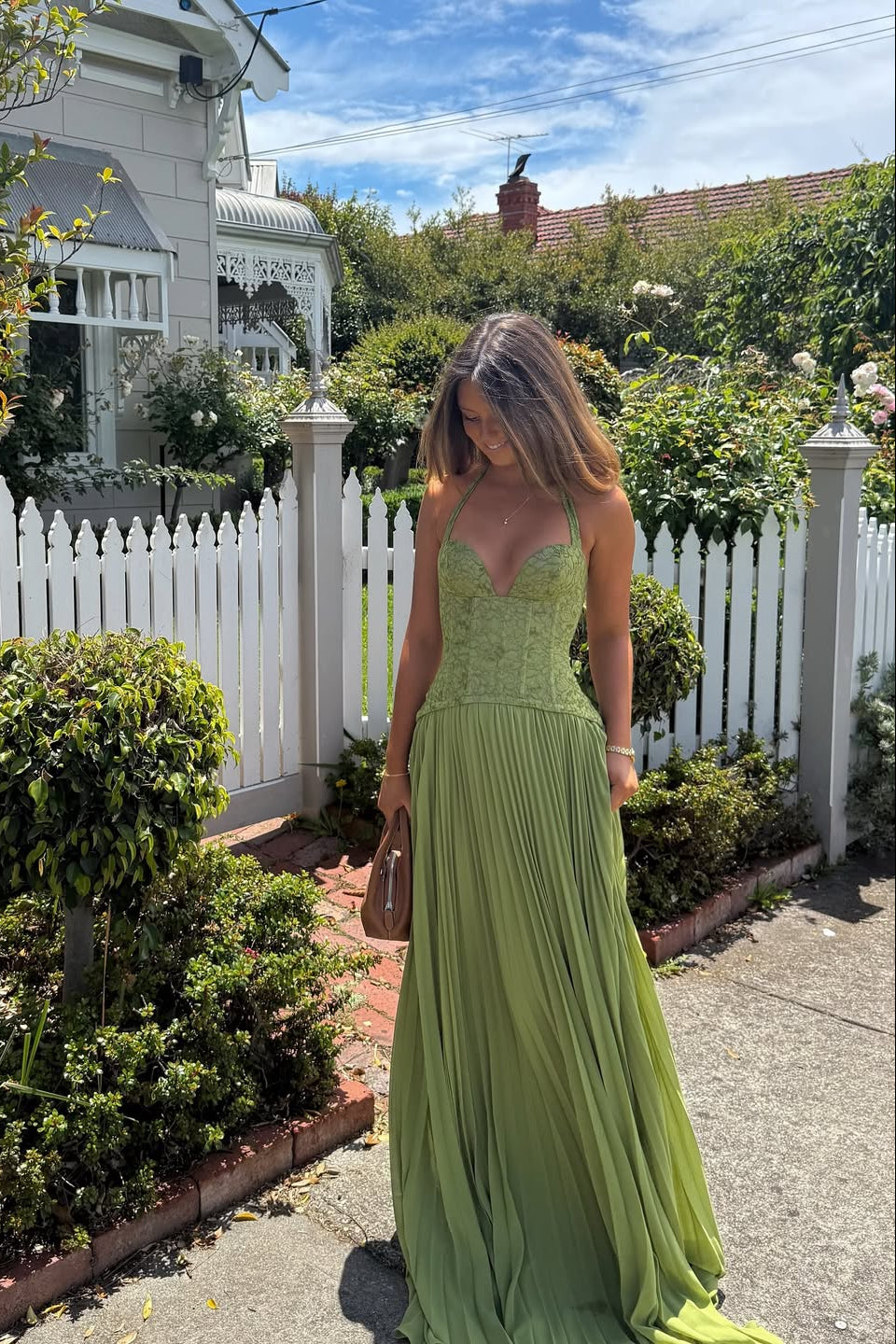 Women's Lace Corset Halterneck Pleated Maxi Dress in Green