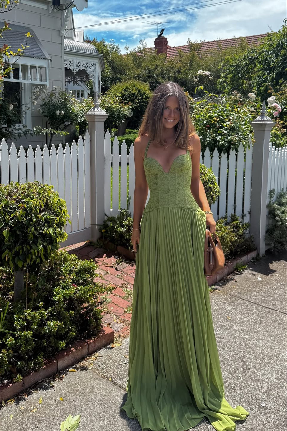 Women's Lace Corset Halterneck Pleated Maxi Dress in Green