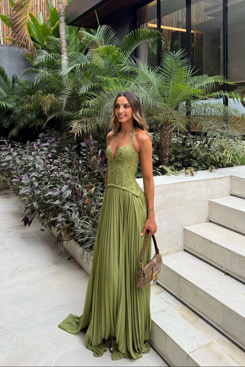 Women's Lace Corset Halterneck Pleated Maxi Dress in Green