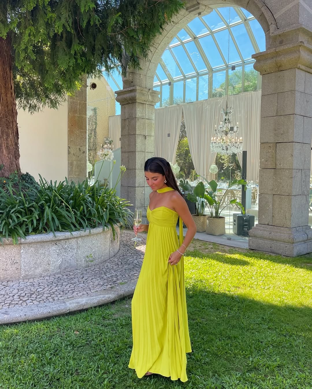 Women's Strapless Ruched Pleated Maxi Dress in Lime Yellow