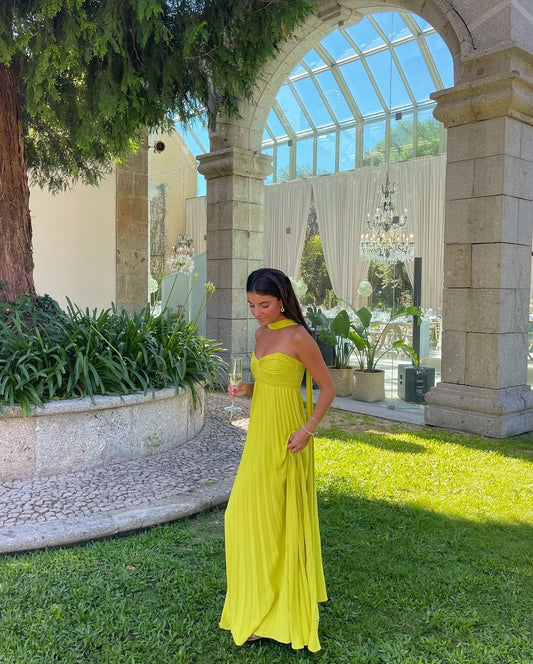 Women's Strapless Ruched Pleated Maxi Dress in Lime Yellow