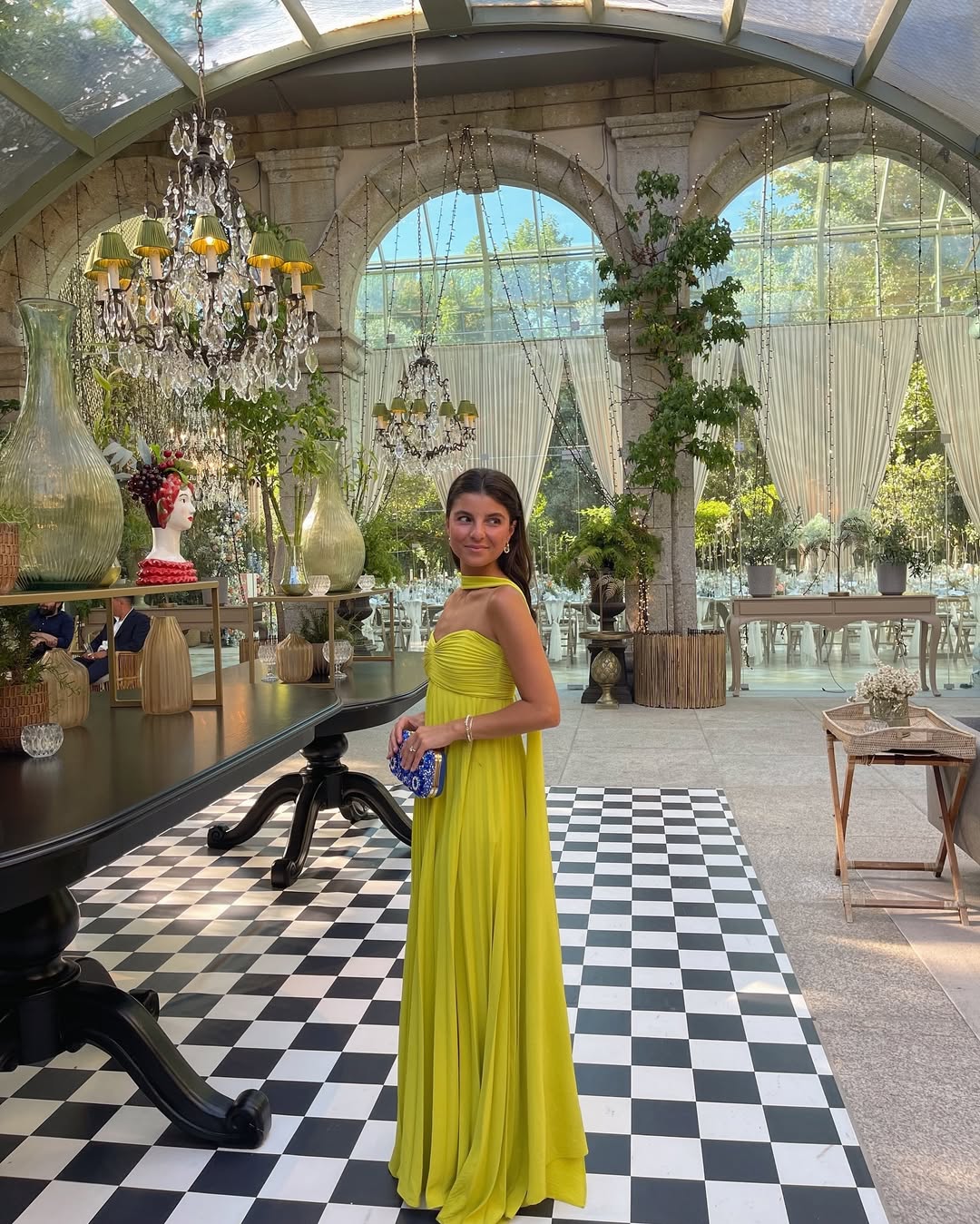 Women's Strapless Ruched Pleated Maxi Dress in Lime Yellow