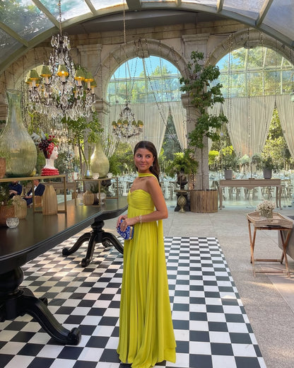 Women's Strapless Ruched Pleated Maxi Dress in Lime Yellow