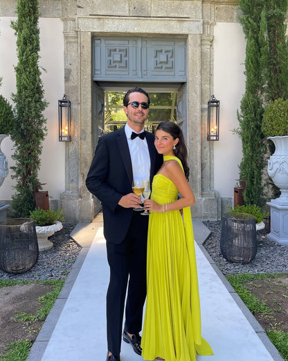 Women's Strapless Ruched Pleated Maxi Dress in Lime Yellow