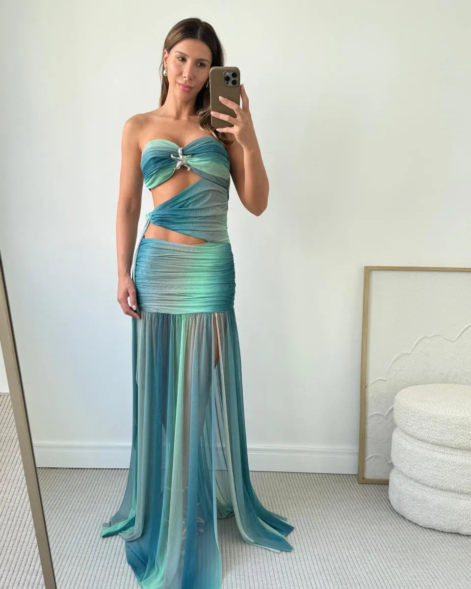 Women's Strapless A-Line Mesh Maxi Summer Dress in Blue