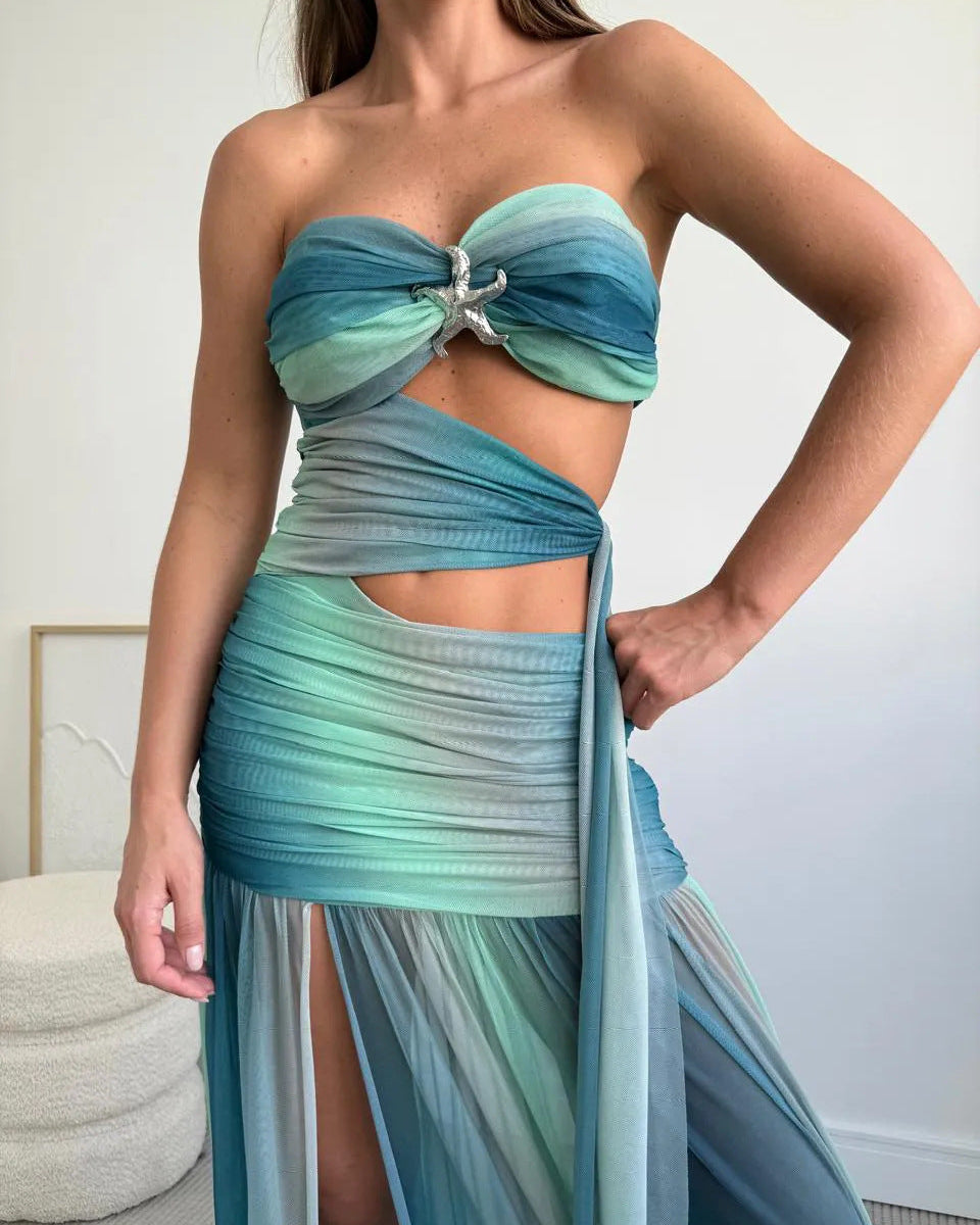Women's Strapless A-Line Mesh Maxi Summer Dress in Blue