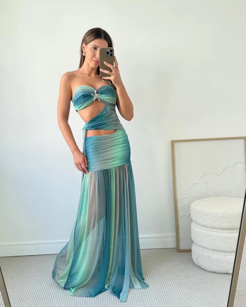 Women's Strapless A-Line Mesh Maxi Summer Dress in Blue