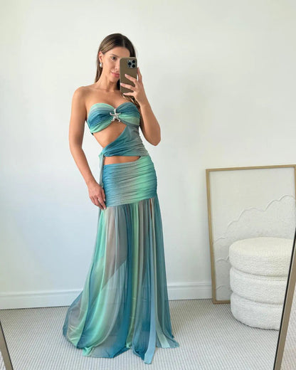 Women's Strapless A-Line Mesh Maxi Summer Dress in Blue